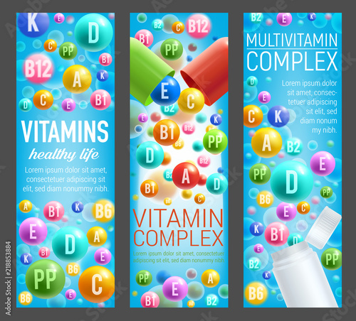 Vitamin complex and multivitamin pills banners