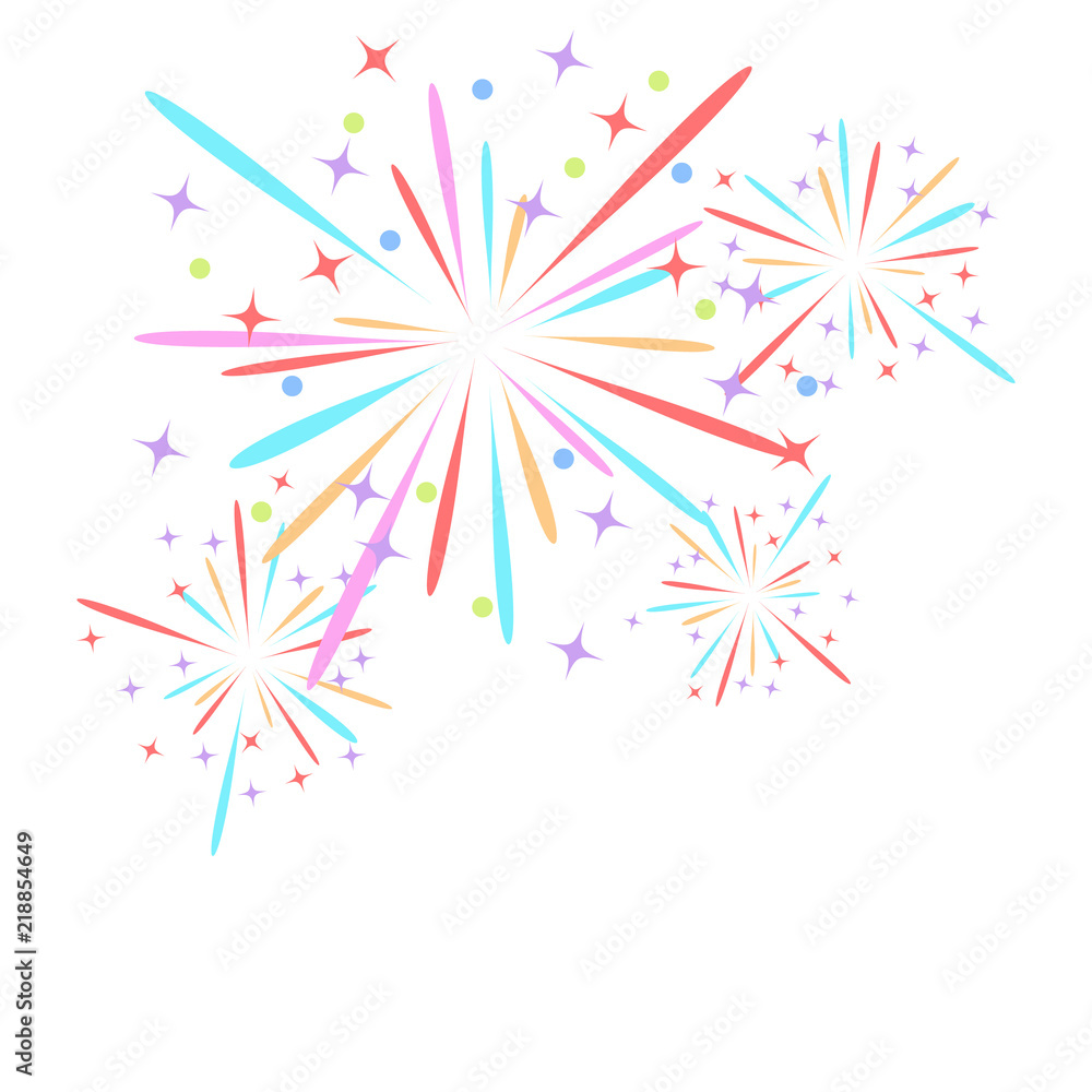 Fireworks rocket explodes in colored stars. Design element on isolated white background. Abstract vector illustration.