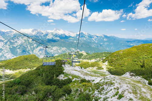 View from cable car chair on Vogel, Slovenia national park Triglav