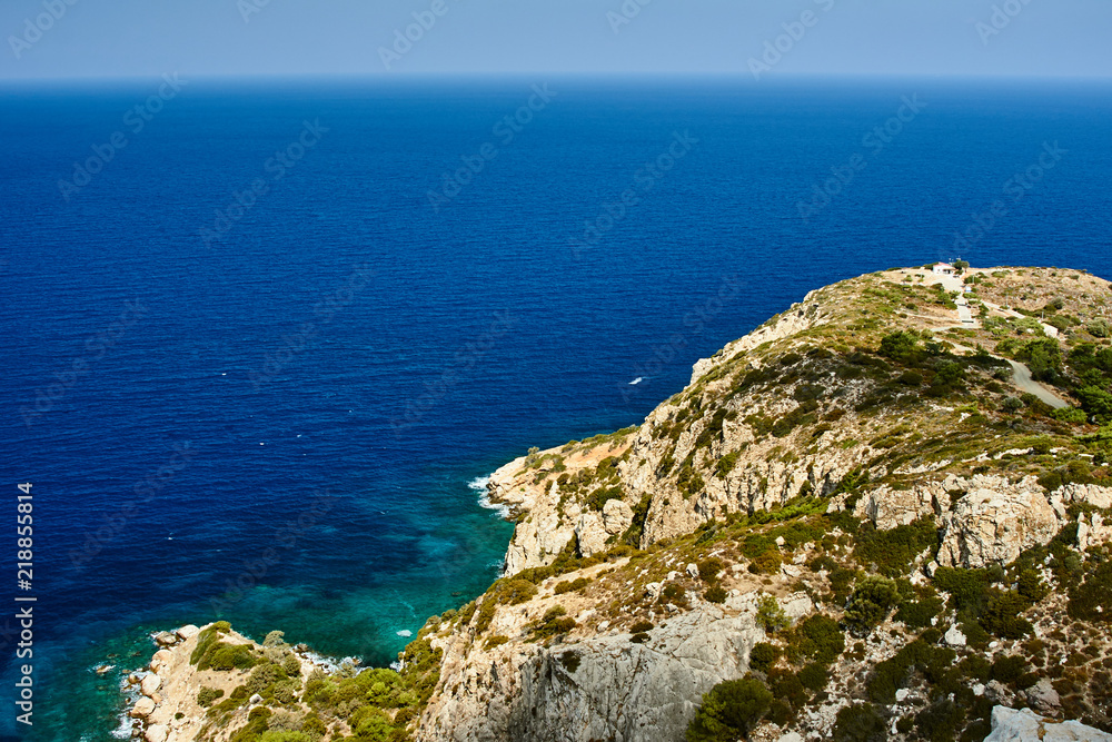 Rocky coast of the Greek island of Rhodes in the Mediterranean