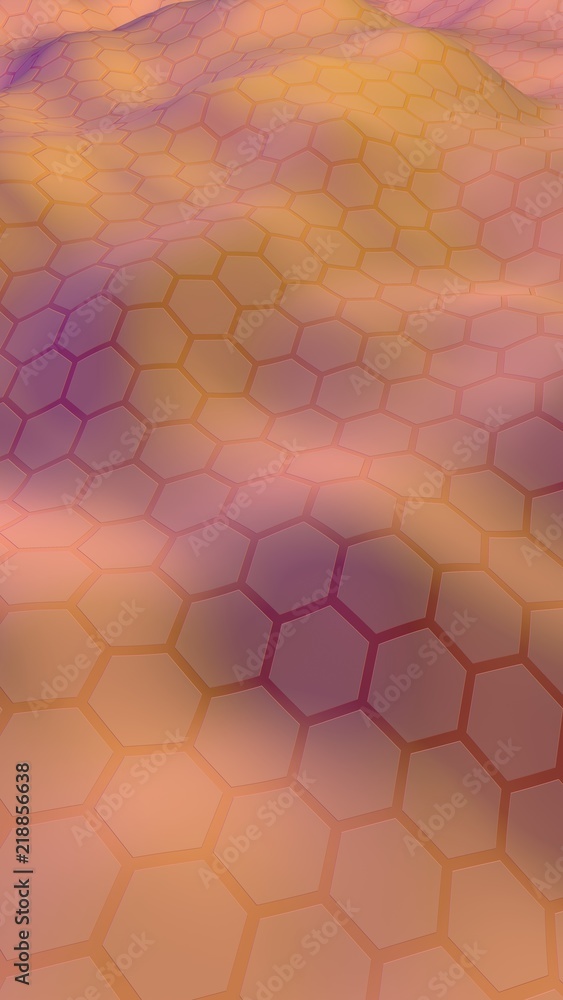 Fototapeta premium Colorful honeycomb with a gradient color on a light background. Perspective view on polygon look like honeycomb. Wavy surface. Isometric geometry. 3D illustration