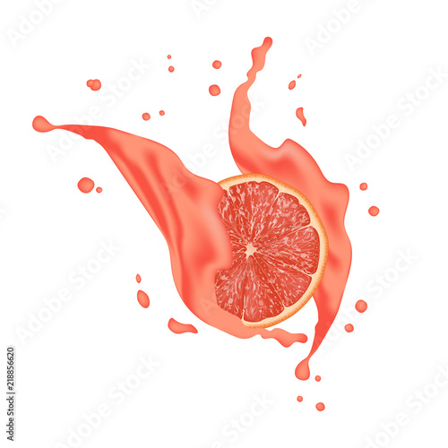 Realistic Pink 3d grapefruit juice splash. Detailed 3d Illustration Isolated On White. Design Element For Web Or Print Packaging. Vector