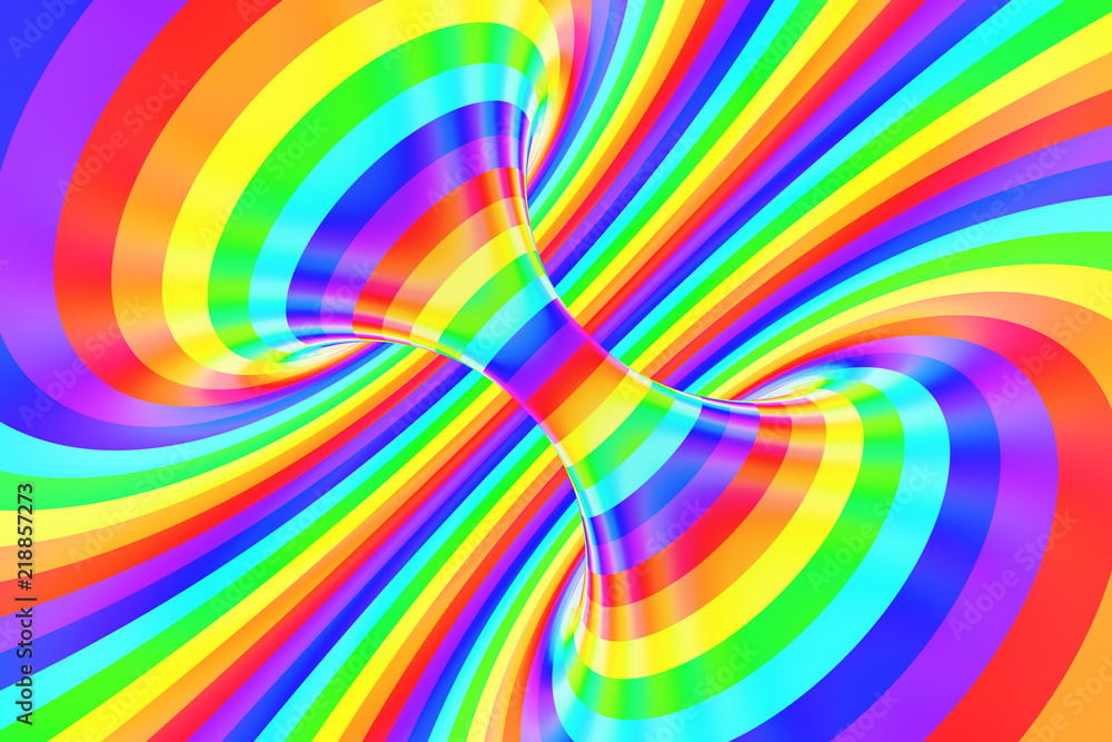 Obraz premium Rainbow funny spiral tunnel. Striped twisted cheerful optical illusion. Abstract background. 3D render.