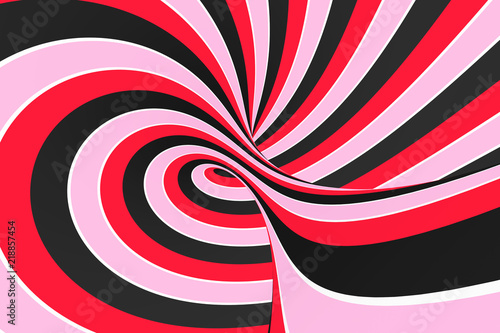 Festive pink  red and black spiral tunnel. Striped twisted lollipop optical illusion. Abstract background. 3D render.