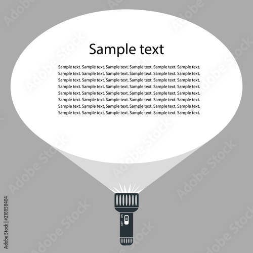 Flat vector design of hand flashlight and projection round light beam. Illustration of a place for your text.