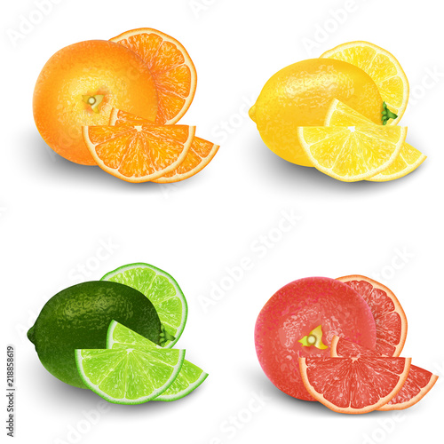 Lemon, Lime, Orange, Grapefruit Fresh Fruit Set. Realistic 3d vector illustration set. Isolated design elements for packaging. Product
