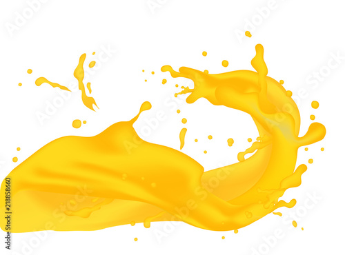 3d realistic twisted pineapple, banana, orange juice milk splash with drops. Isolated banana yogurt caramel cream surfing wave on white background. Product package design. Vector