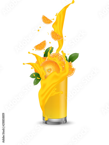 Orange fruit juice splashing into the glass with swirl. Orange slices falling into the cup. Glass milk juice splashing. Cocktail mix.  Vector.