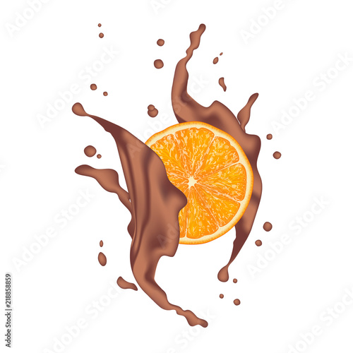 Chocolate splash with orange. Milk chocolate, cacao. 3d realistic orange ripe citrus isolated on white background for packaging or web design. Vector