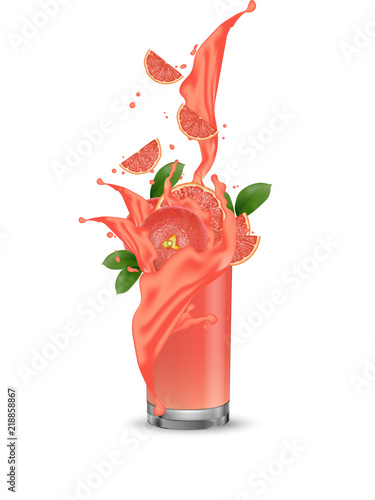Grapefruit splash illustration. Splashing juice in glass. Cocktail falling pink slices isolated on background. Orange. Advertisement banner. Product design. Vector