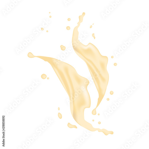 3d realistic twisted pineapple, banana, orange juice milk splash with drops. Isolated banana yogurt caramel cream surfing wave on white background. Product package design. Vector