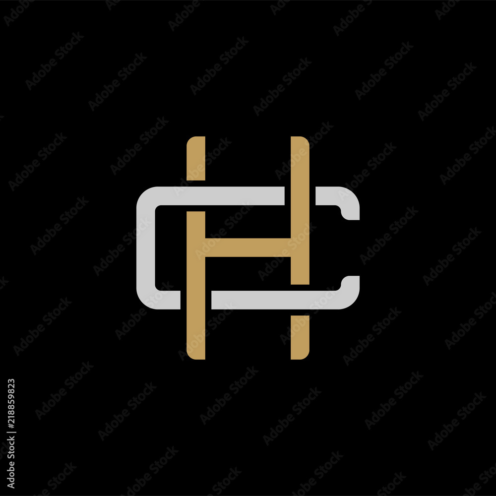 Initial letter C and H, CH, HC, overlapping interlock logo, monogram line art style, silver gold on black background Initial letter C and H, CH, HC, overlapping interlock logo, monogram line art style, silver gold on black background