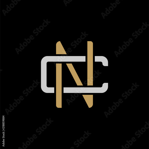 Initial letter C and N, CN, NC, overlapping interlock logo, monogram line art style, silver gold on black background