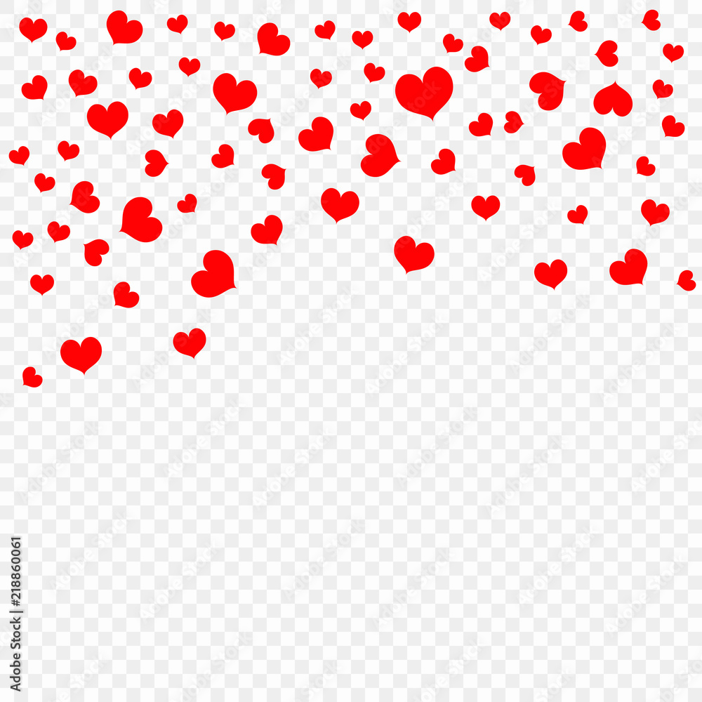 Red falling heart petals isolated on transparent background, pattern. Valentine's day, confetti hearts. Vector illustration.