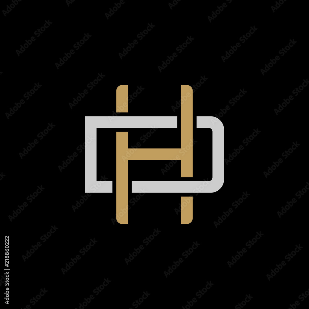 Initial letter D and H, DH, HD, overlapping interlock logo, monogram line art style, silver gold on black background Initial letter D and H, DH, HD, overlapping interlock logo, monogram line art style, silver gold on black background
