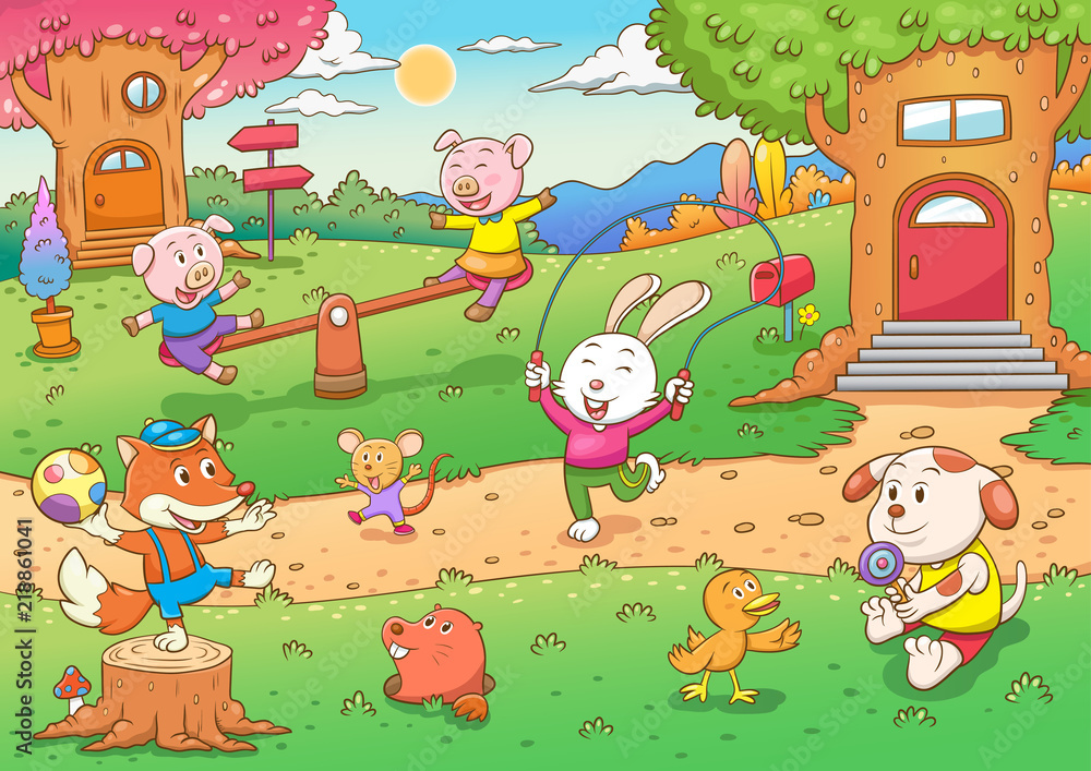 Obraz premium Vector illustration with cute forest animals in a children's style. A set of mammals in the forest. cartoon illustration of wild animals living in the tree house, tree hollow