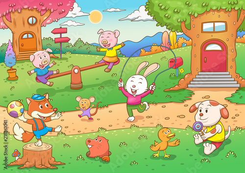 Vector illustration with cute forest animals in a children's style. A set of mammals in the forest. cartoon illustration of wild animals living in the tree house, tree hollow