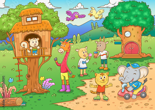 Vector illustration with cute forest animals in a children's style. A set of mammals in the forest. cartoon illustration of wild animals living in the tree house, tree hollow
