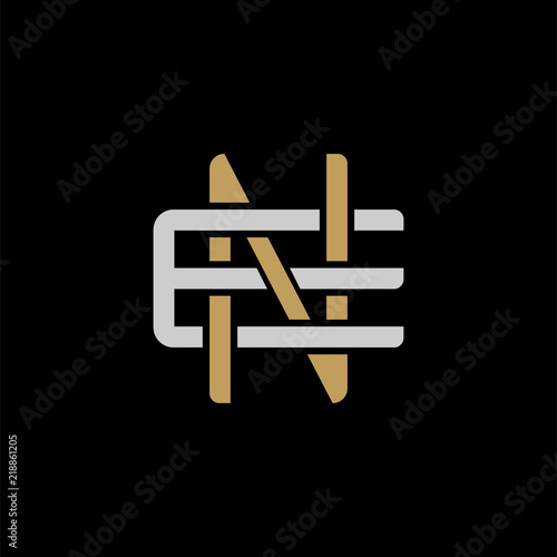 Initial letter E and N, EN, NE, overlapping interlock logo, monogram line art style, silver gold on black background