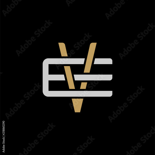 Initial letter E and V, EV, VE, overlapping interlock logo, monogram line art style, silver gold on black background