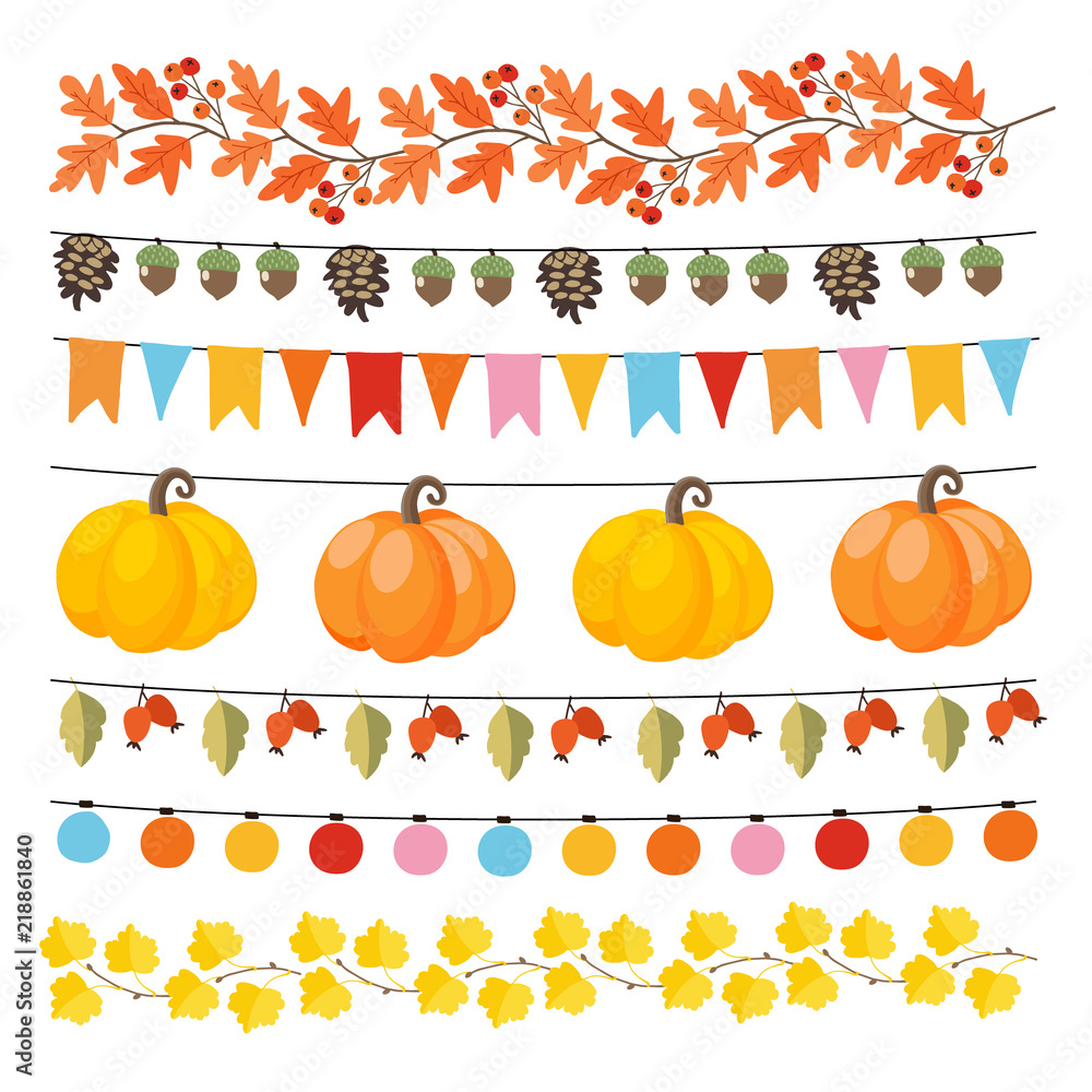 Φωτογραφία Set of cute autumn, fall garlands with lights, flags, acorns, leaves, pumpkins, pine cones and rose hips