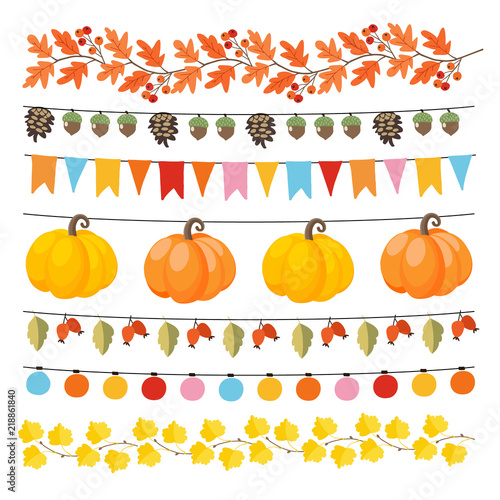 Set of cute autumn, fall garlands with lights, flags, acorns, leaves, pumpkins, pine cones and rose hips. Collection of thanksgiving garden party decorations. Isolated vector objects.