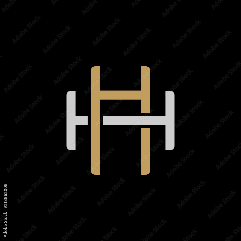 Initial letter H and H, HH, overlapping interlock logo, monogram line art style, silver gold on black background Initial letter H and H, HH, overlapping interlock logo, monogram line art style, silver gold on black background