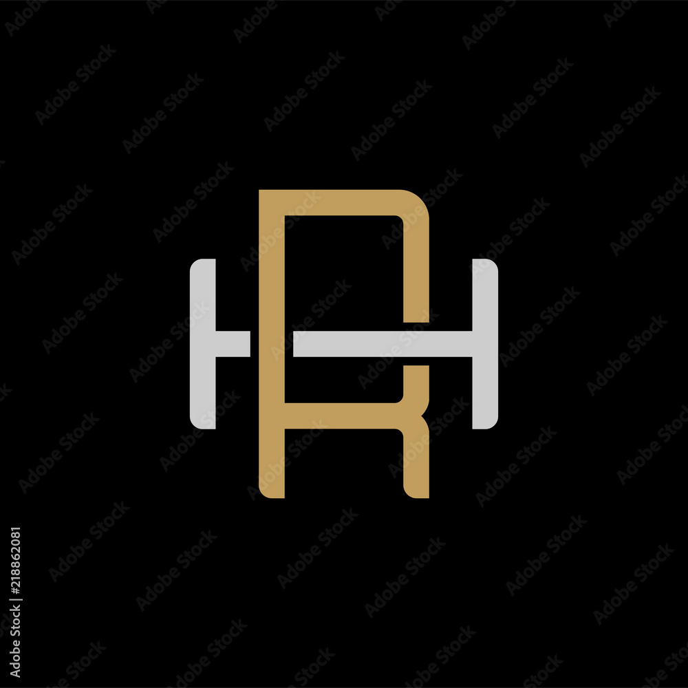 Initial letter H and R, HR, RH, overlapping interlock logo, monogram line art style, silver gold on black background Initial letter H and R, HR, RH, overlapping interlock logo, monogram line art style, silver gold on black background