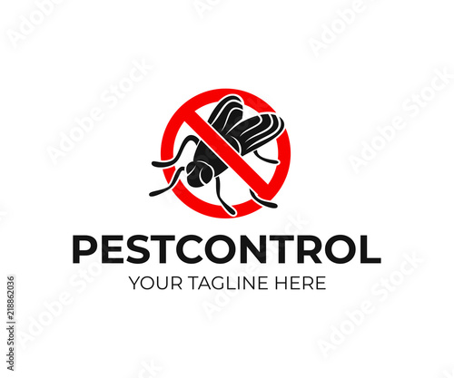 Insect, a fly in circle of prohibition, logo design. Domestic and agricultural pest control, vector design. Nature and wildlife, illustration