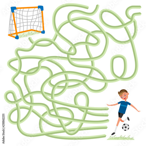 Labyrinth logic maze game for kids. Help football soccer player to find the way to goalposts. Vector illustration colorful isolated on white background ready for print in children’s magazine or book