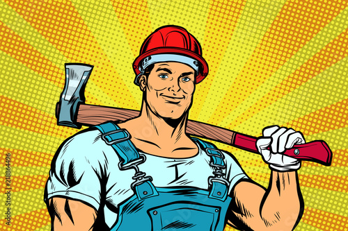 pop art lumberjack woodcutter with axe photo