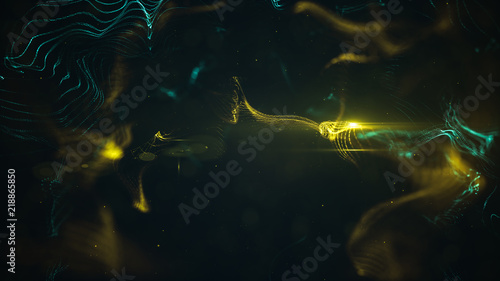 Abstract wavy structure with millions of glowing particles. Blurred magic background with luminous dots and depth of field effect. Swirl composition. Lots of little shining sparkles. 3d rendering