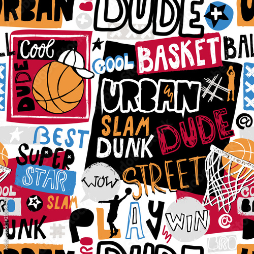 Vector sketch basketball seamless pattern for boys, cool dude, bro, urban. Hand-drawing lettering, slogan. Print grunge design for T-shirts, banners, flyers, children's party, clothes, social media.