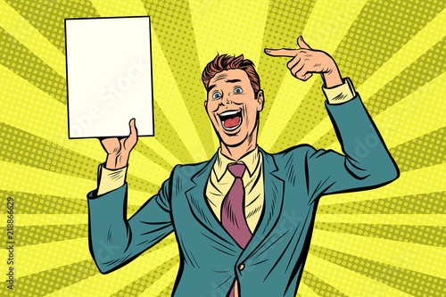 pop art Businessman points at copy space poster