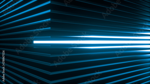 Geometric background made of many metal shelves with glowing light behind. Abstract industrial structure. 3d rendering