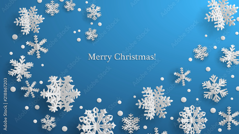 Christmas illustration with white three-dimensional paper snowflakes on light blue background Christmas illustration with white three-dimensional paper snowflakes on light blue background