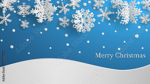 Christmas illustration with white three-dimensional paper snowflakes on light blue background