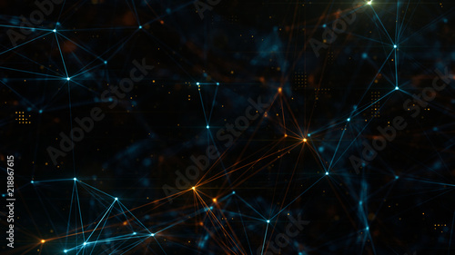 Abstract plexus structure of many glowing lines and particles. Connection concept. Creative technological background with digital composition and optical flares. 3d rendering photo