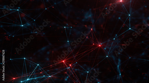 Abstract plexus structure of many glowing lines and particles. Connection concept. Creative technological background with digital composition and optical flares. 3d rendering
