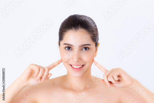 Portrait of beautiful woman asian makeup of cosmetic  girl hand touch cheek and smile attractive  face of beauty perfect with wellness isolated on white background with skin healthcare concept.