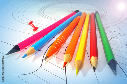 colored pencils on the drawing, the theme of the engineer's work, space for text
