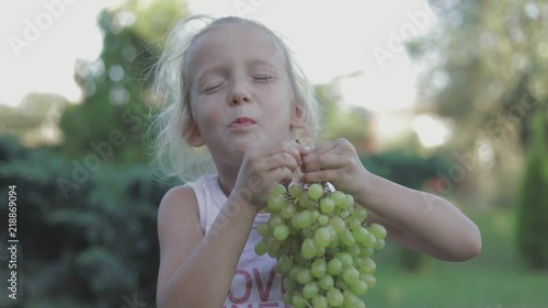 Adorable toddler girl eats grapes in a winefarm on a sunny day. fullhd slow motion video shooting by handheld gimbal photo