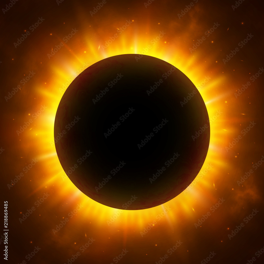 Total eclipse of the Sun with corona. Solar eclipse. Bright red star