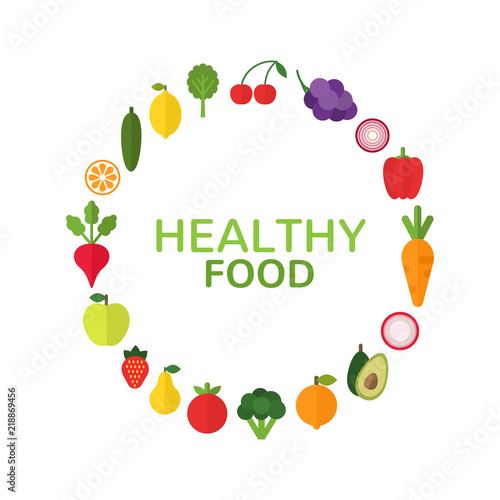 Healthy food concept. Diet and organic food template with flat fruits, vegetables and copyspace. Fresh vegetables and fruits design. Vector illlustration
