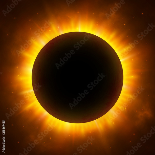 Total eclipse of the Sun with corona. Solar eclipse. Bright red star light shine from the edges of a planet. Space background. Vector Illustration
