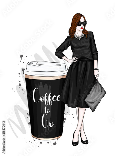 A beautiful, tall girl with long legs in a stylish skirt, glasses, blouse and in high heeled shoes. Fashionable look. Cup coffee. Clothes and accessories. Vector illustration.