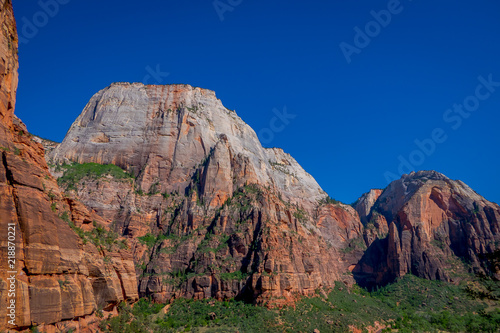 Panoramic view of famous Angels Landing, overlooking scenic Zion Canyon on a beautiful sunny day with blue sky in summer, Zion National Park, Springdale, southwestern Utah