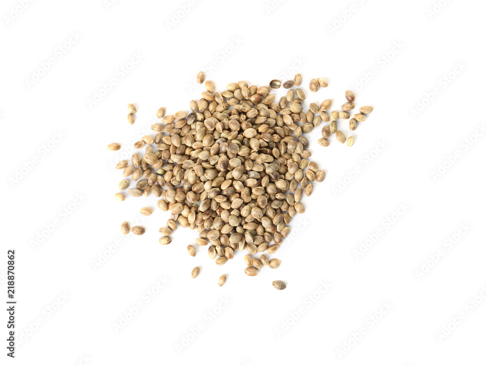 Pile of hemp seeds on white background, top view Pile of hemp seeds on white background, top view