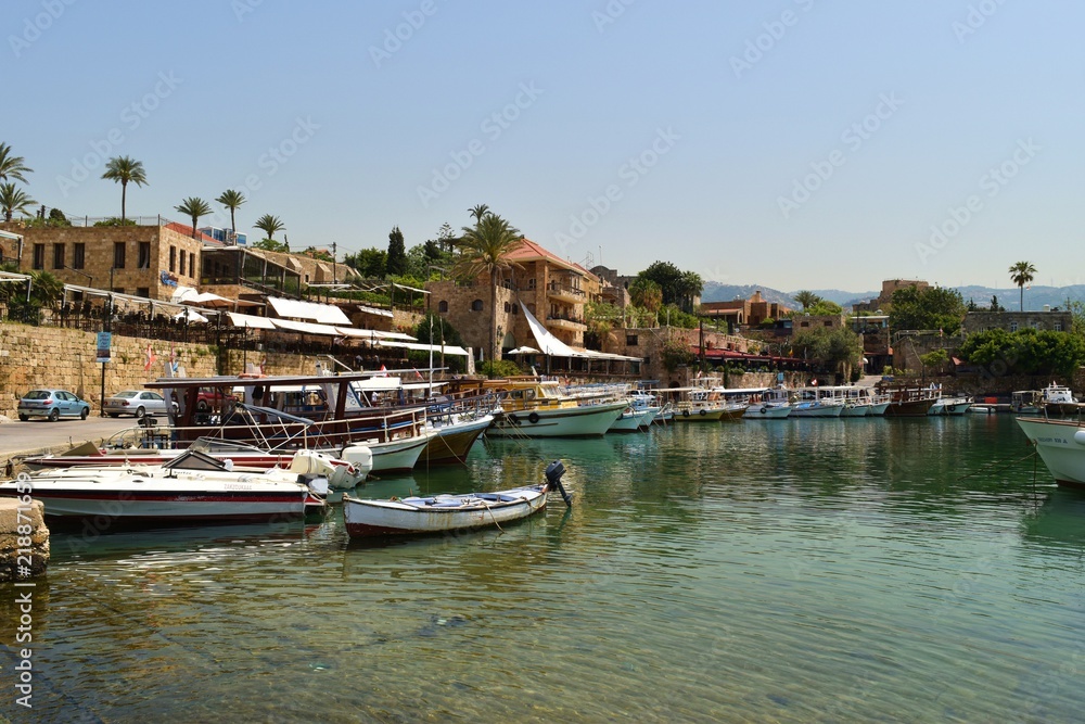 Byblos Harbour with fishermen's boats and ancient houses