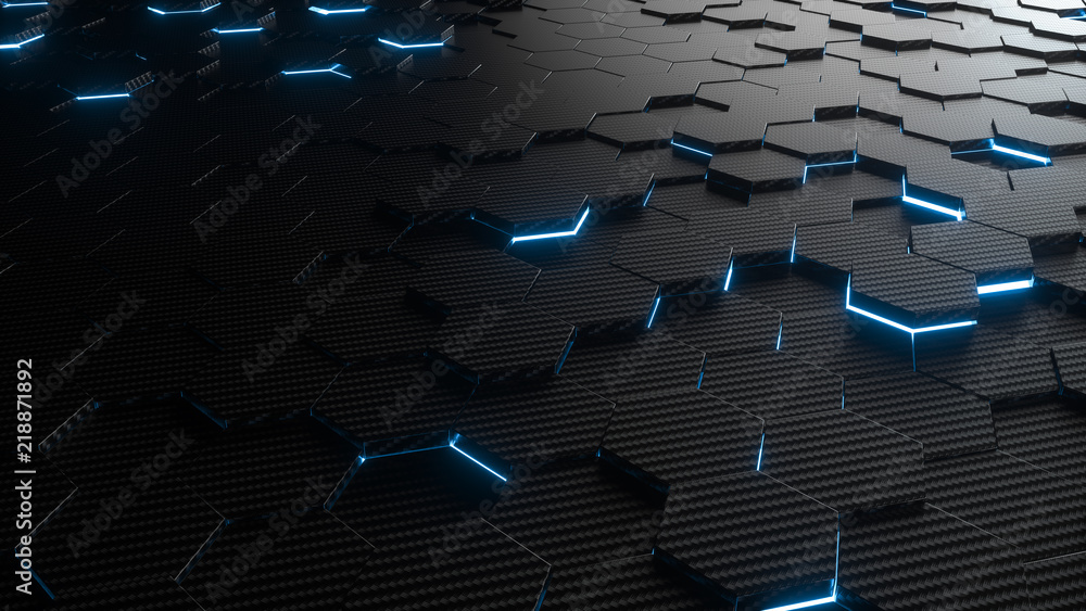 Fototapeta premium Abstract hexagonal geometric background. Structure of lots of hexagons of carbon fiber with bright energy light breaking through the cracks. 3d rendering